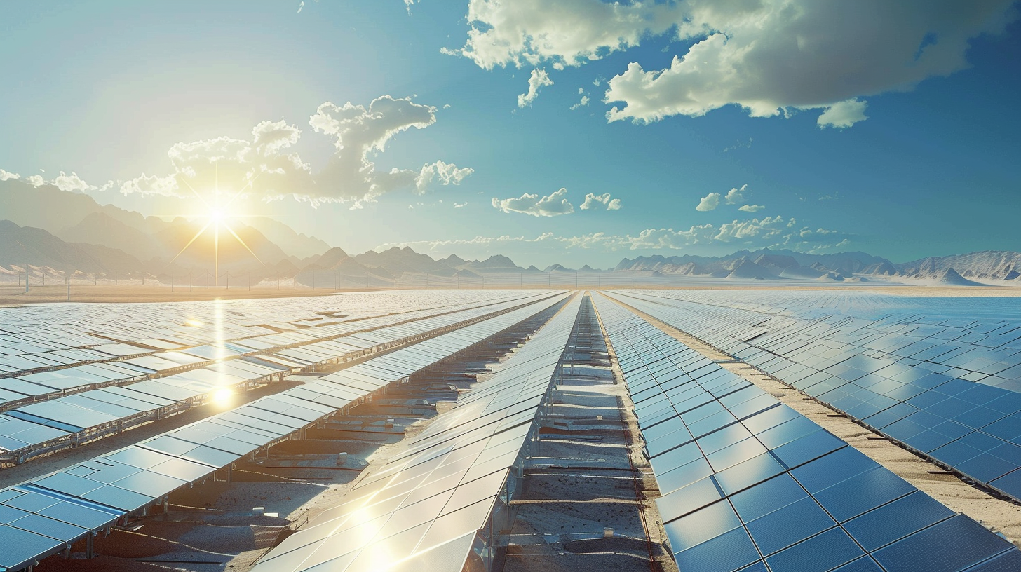 Eine große Solarzelleninstallation in einer Wüstenlandschaft mit Reihen von reflektierenden Solarpanels