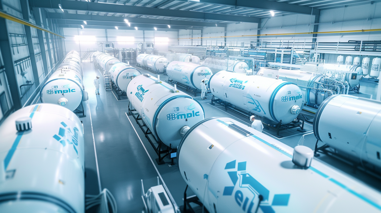 Eine Reihe von Wasserstoffspeichertanks der Marke Nel ASA in einer Fabrik, mit Ingenieuren, die Systeme aus einem Kontrollraum oben überprüfen