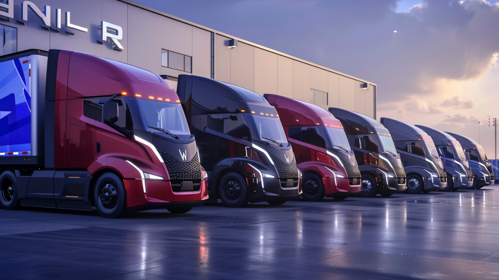 Nikola-Lkw vor einer modernen Fabrik mit Firmenlogo