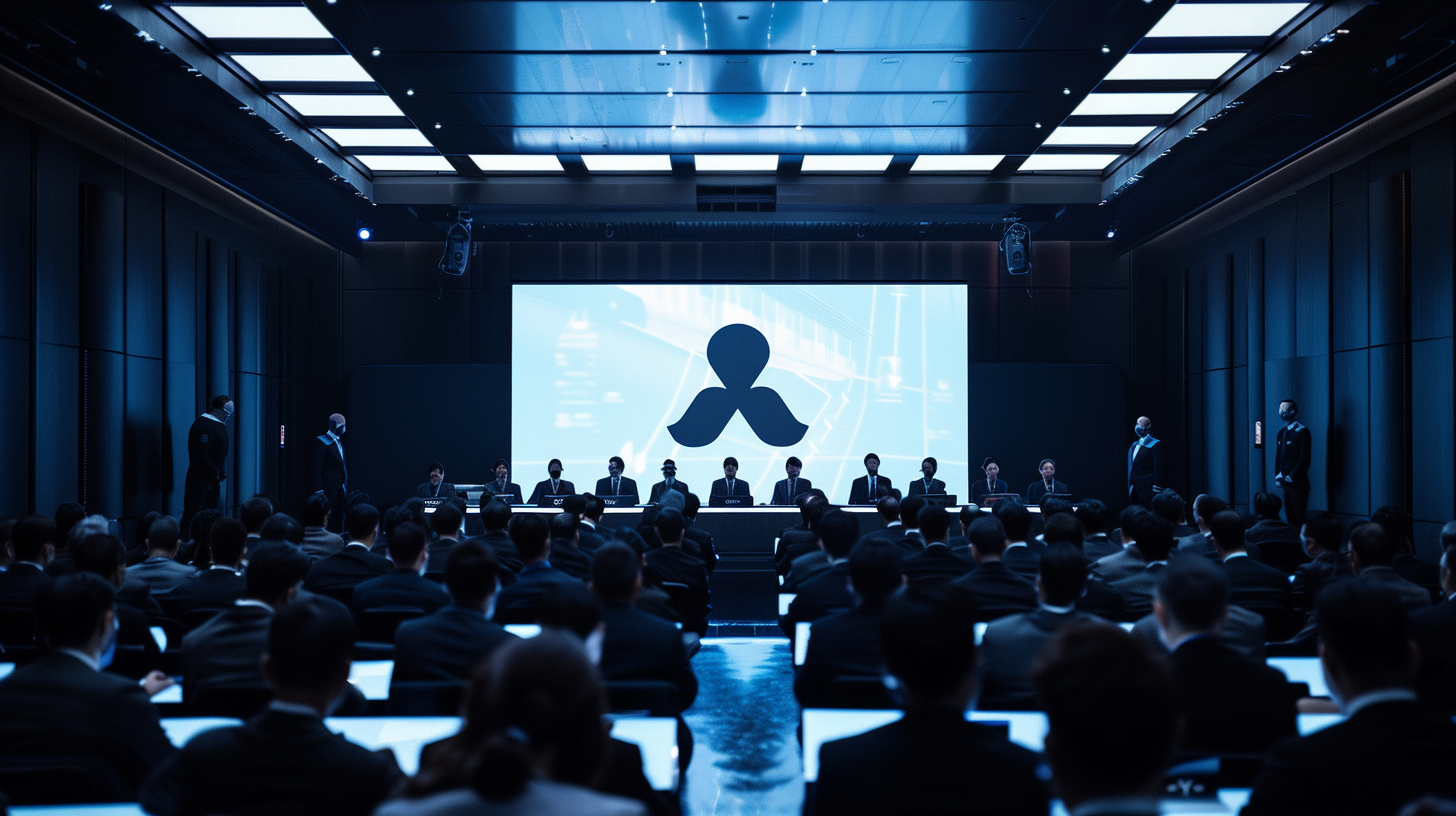 Konferenzraum mit Nio-Logo auf einem großen Bildschirm, gefüllt mit Anzügen und Krawatten