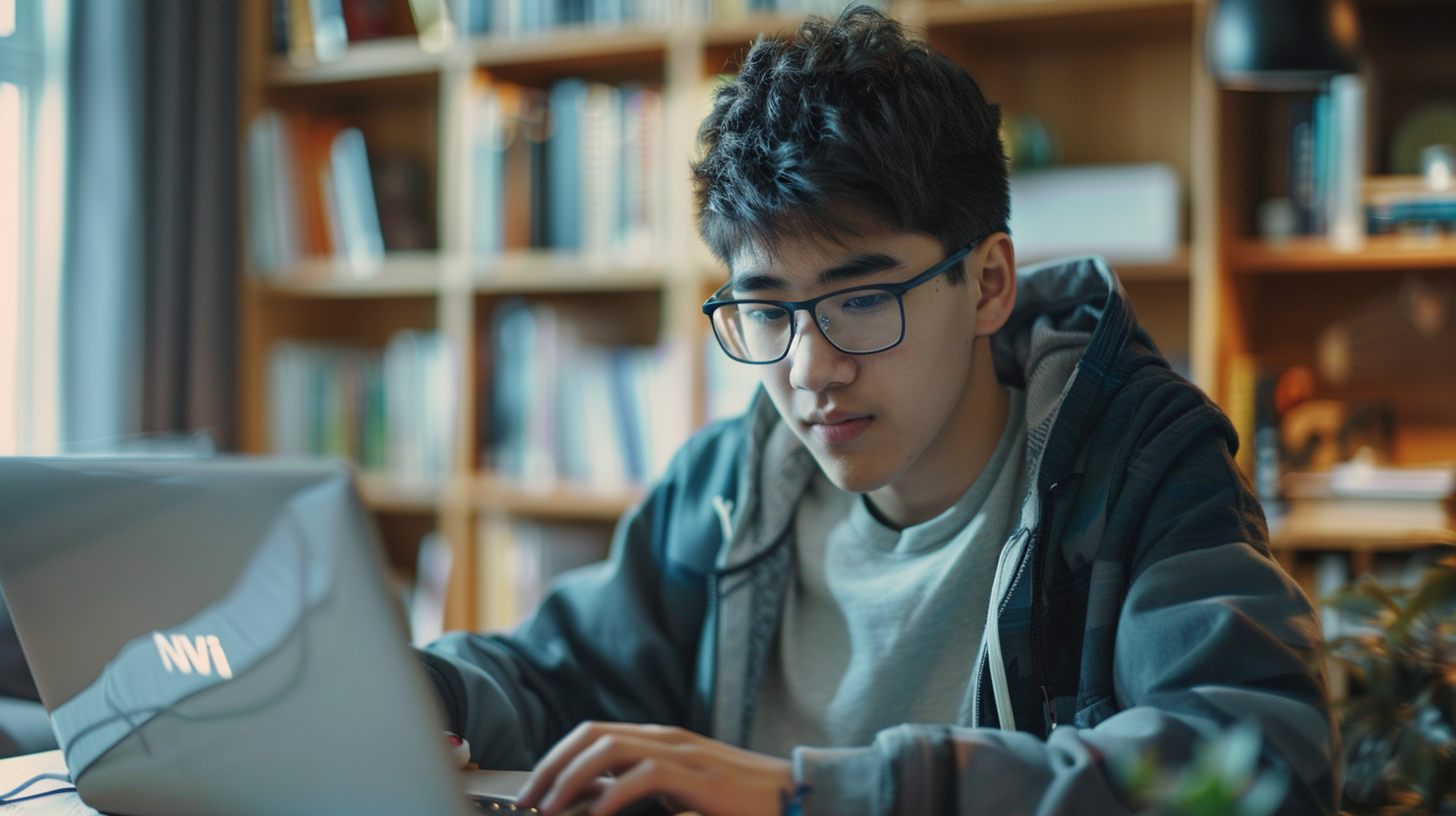 Ein Schüler, der einen Nvidia-Laptop in einem stilvoll beleuchteten Raum nutzt