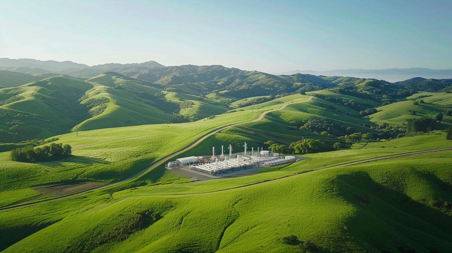 Siemens-Wasserstoff-Elektrolyseanlage in grüner Landschaft bei klarem Himmel