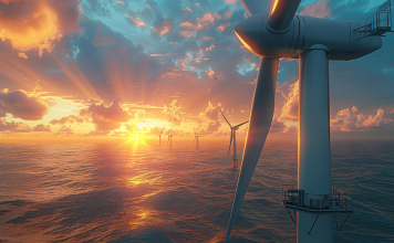 Nahaufnahme von Siemens-Energieturbinenblättern, die in einem Offshore-Windpark bei Sonnenuntergang installiert werden