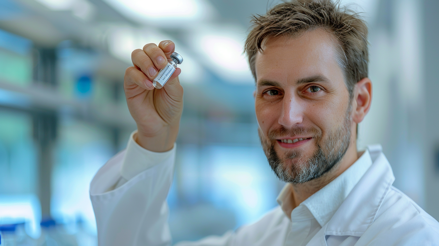 Nahaufnahme eines zufriedenen Wissenschaftlers in weißem Kittel mit einer Ampulle, zeigt Valnevas neuesten Impfstoffdurchbruch.