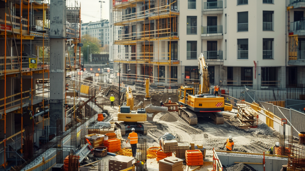 Eine geschäftige Baustelle mit Vonovia-Equipment und Arbeitern in Warnkleidung vor neu gebauten Wohnhäusern