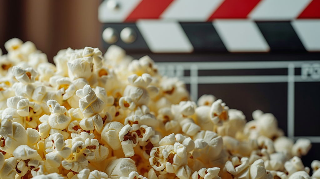 Nahaufnahme von Popcorn und einer Klappe mit AMC-Logo