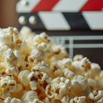 Nahaufnahme von Popcorn und einer Klappe mit AMC-Logo