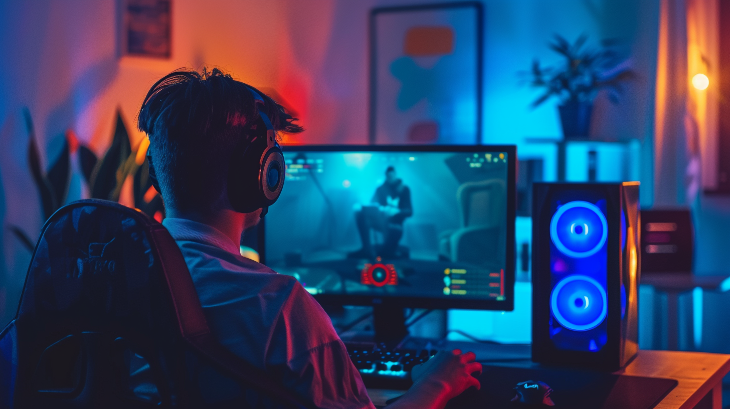 Ein professioneller Gamer, der live von einem High-End-Gaming-Setup, betrieben von AMD, streamt, mit lebendigen RGB-Beleuchtungseffekten