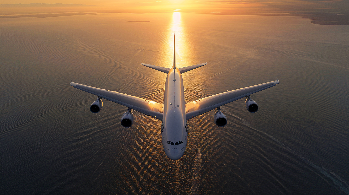 Luftaufnahme eines startbereiten Airbus A380 bei Sonnenuntergang.