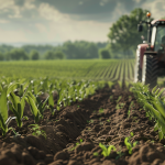 Darstellung von BASF's nachhaltigen Landwirtschaftslösungen mit einem Traktor und Feldern im Vordergrund