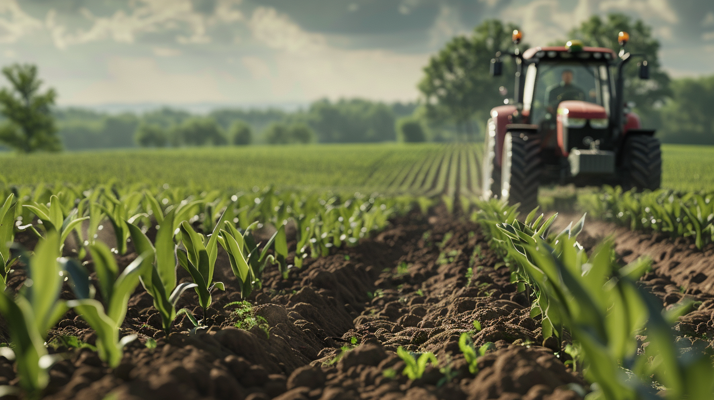 Darstellung von BASF's nachhaltigen Landwirtschaftslösungen mit einem Traktor und Feldern im Vordergrund