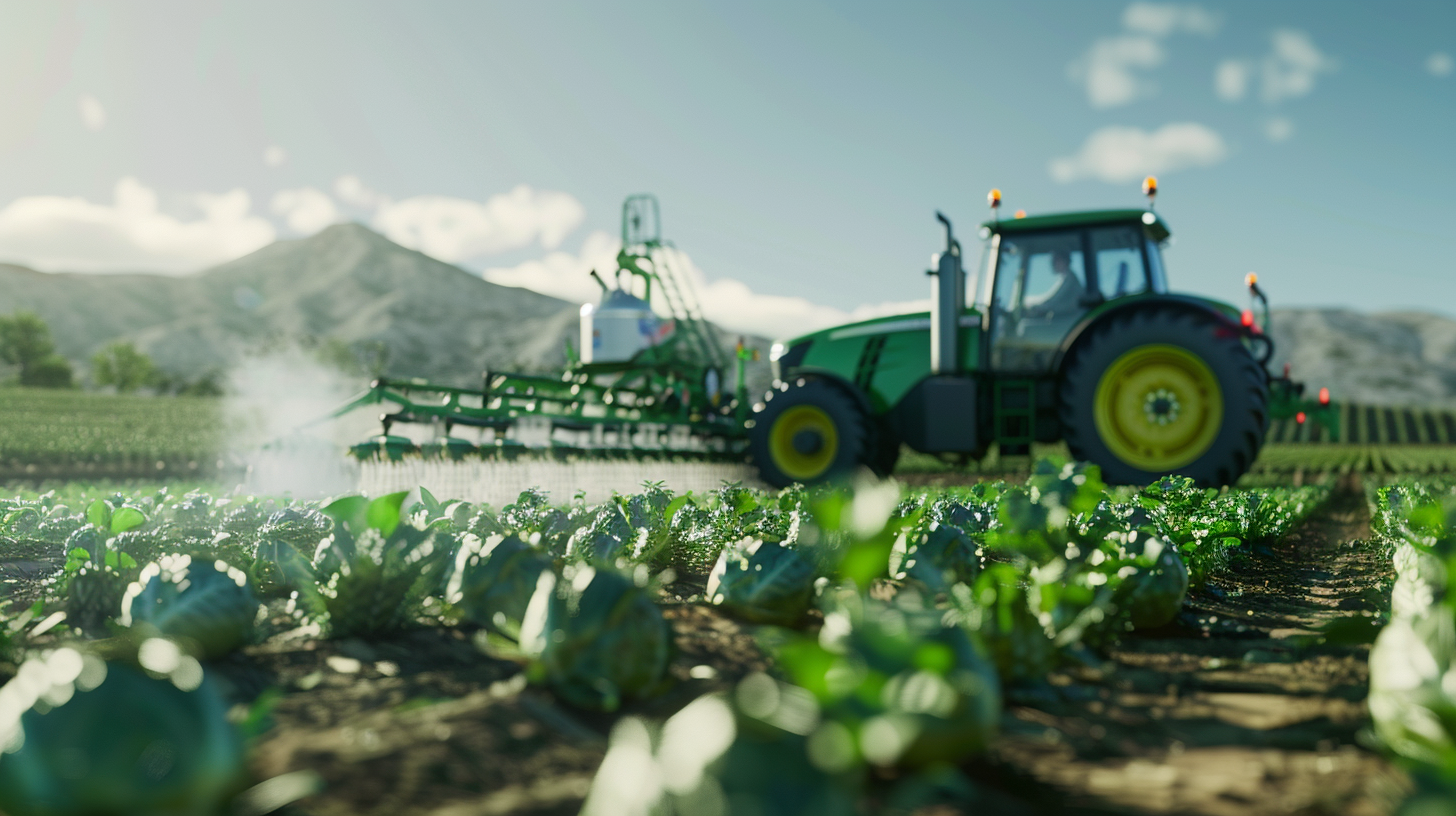 Darstellung von BASF's nachhaltigen Landwirtschaftslösungen mit einem Traktor und Feldern im Vordergrund