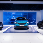 Eine futuristische BYD-Autohalle mit modernen Elektrofahrzeugen unter heller Beleuchtung