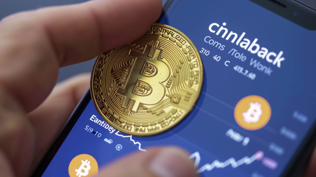 Eine Hand hält einen goldenen Bitcoin, mit der Coinbase-App auf einem Handy