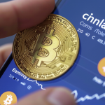 Eine Hand hält einen goldenen Bitcoin, mit der Coinbase-App auf einem Handy