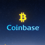 Nachthimmel mit Bitcoin-Symbolen und Coinbase-Logo