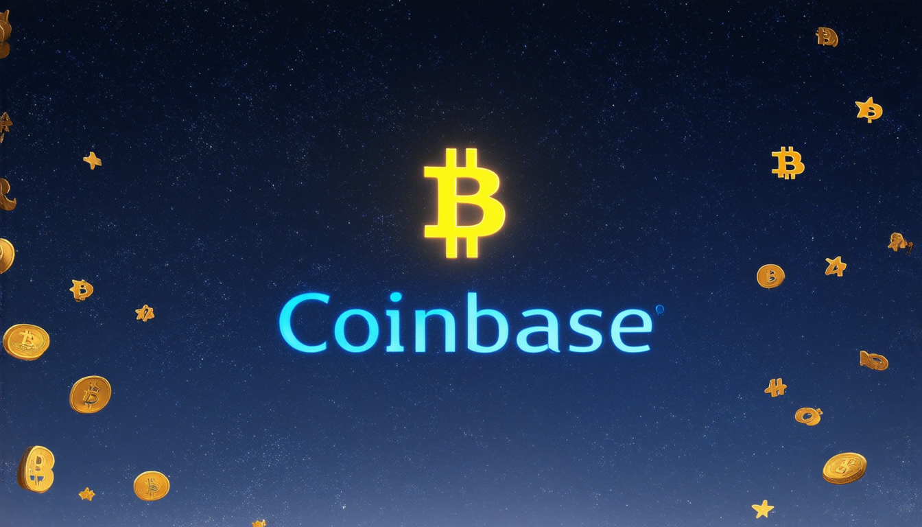 Nachthimmel mit Bitcoin-Symbolen und Coinbase-Logo