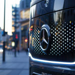 Nahaufnahme des Daimler Truck-Logos an einem neuen Elektro-Lkw vor einer urbanen Kulisse bei Dämmerung