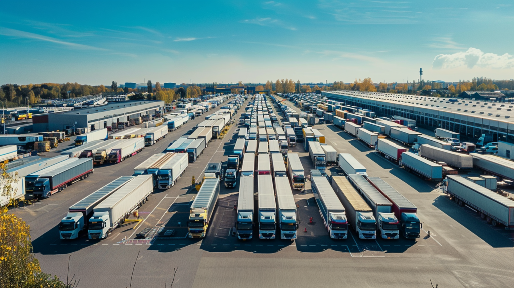 Luftaufnahme des Daimler Truck-Werks mit geparkten Lkw in verschiedenen Fertigungsstufen