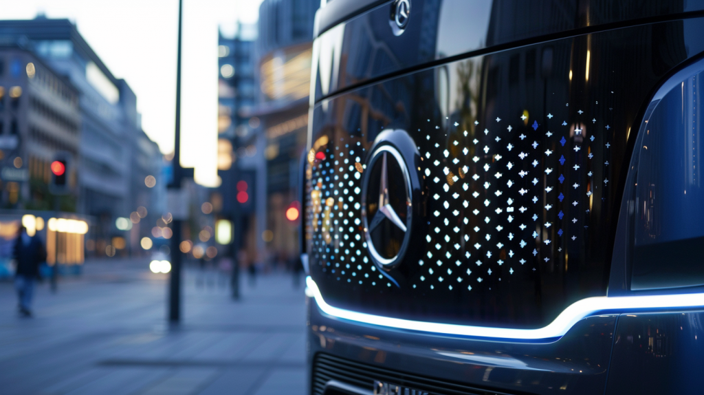 Nahaufnahme des Daimler Truck-Logos an einem neuen Elektro-Lkw vor einer urbanen Kulisse bei Dämmerung