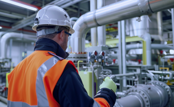 Ein Ingenieur in Warnweste arbeitet an einer Wasserstoffproduktionsanlage von ITM Power, mit gut sichtbaren Rohren und Ventilen