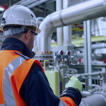 Ein Ingenieur in Warnweste arbeitet an einer Wasserstoffproduktionsanlage von ITM Power, mit gut sichtbaren Rohren und Ventilen