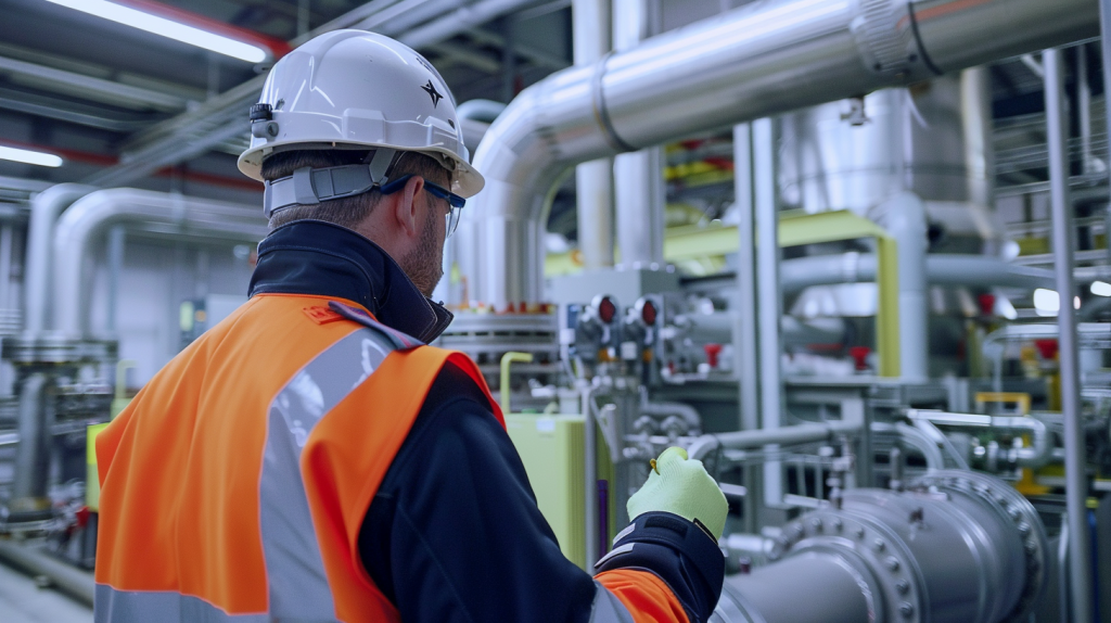 Ein Ingenieur in Warnweste arbeitet an einer Wasserstoffproduktionsanlage von ITM Power, mit gut sichtbaren Rohren und Ventilen