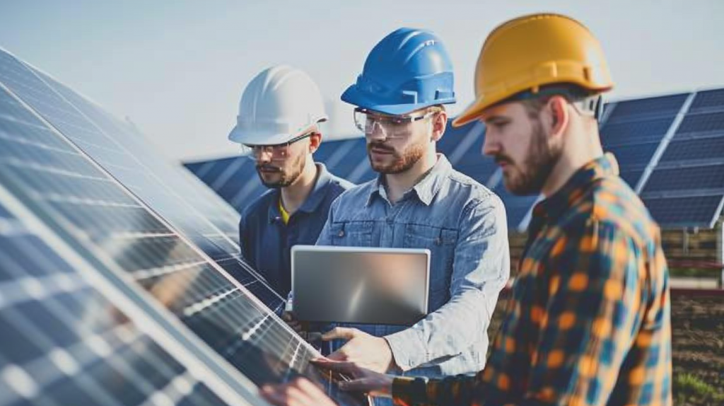 Eine Gruppe von Ingenieuren in Schutzhelmen analysiert Daten auf einem Laptop, Solarpanels im Hintergrund