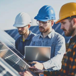 Eine Gruppe von Ingenieuren in Schutzhelmen analysiert Daten auf einem Laptop, Solarpanels im Hintergrund