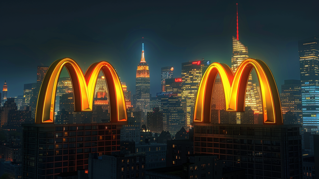 Leuchtende goldene Bögen von McDonald's vor Wolkenkratzer-Kulisse