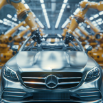 Produktion im Mercedes-Benz-Werk mit Robotern und Technikern