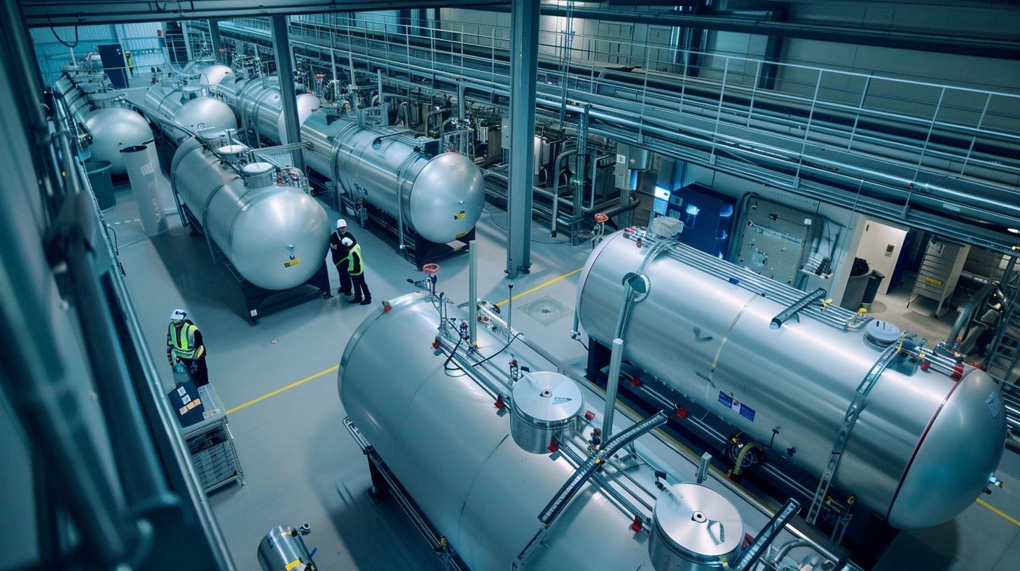 Eine Reihe von Wasserstoffspeichertanks der Marke Nel ASA in einer Fabrik, mit Ingenieuren, die Systeme aus einem Kontrollraum oben überprüfen