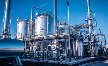 Eine industrielle Wasserstoffproduktionsanlage mit silbernen Tanks und Rohrleitungen vor einem klaren blauen Himmel