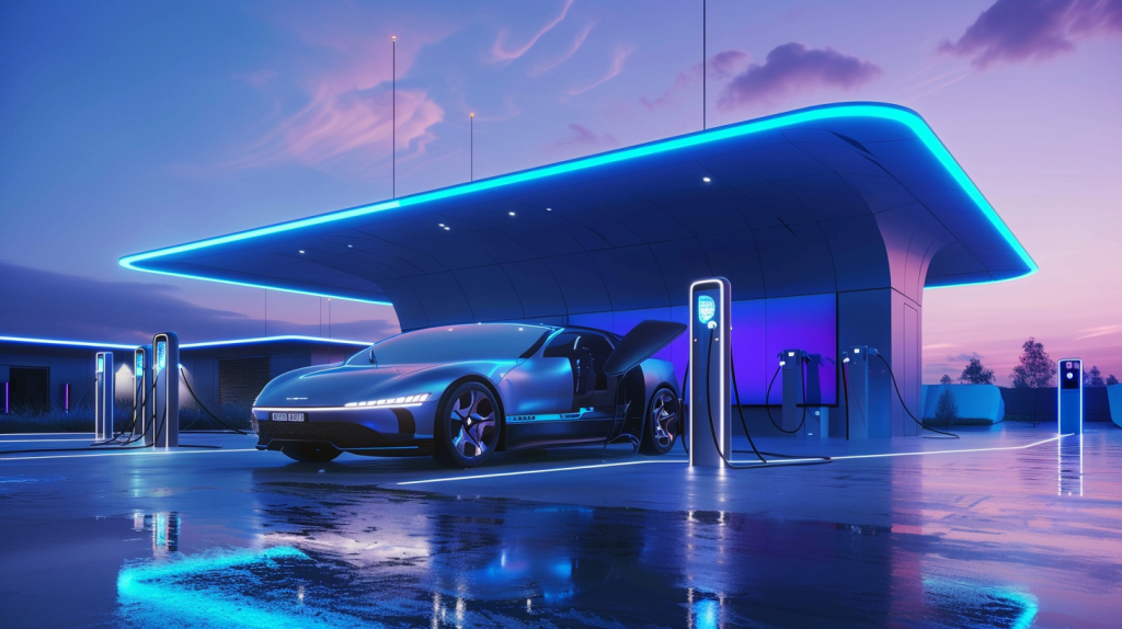 Eine futuristische Wasserstofftankstelle von Nel ASA mit glänzenden Oberflächen und LED-Beleuchtung, die ein modernes Elektrofahrzeug betankt