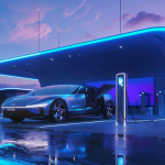 Eine futuristische Wasserstofftankstelle von Nel ASA mit glänzenden Oberflächen und LED-Beleuchtung, die ein modernes Elektrofahrzeug betankt