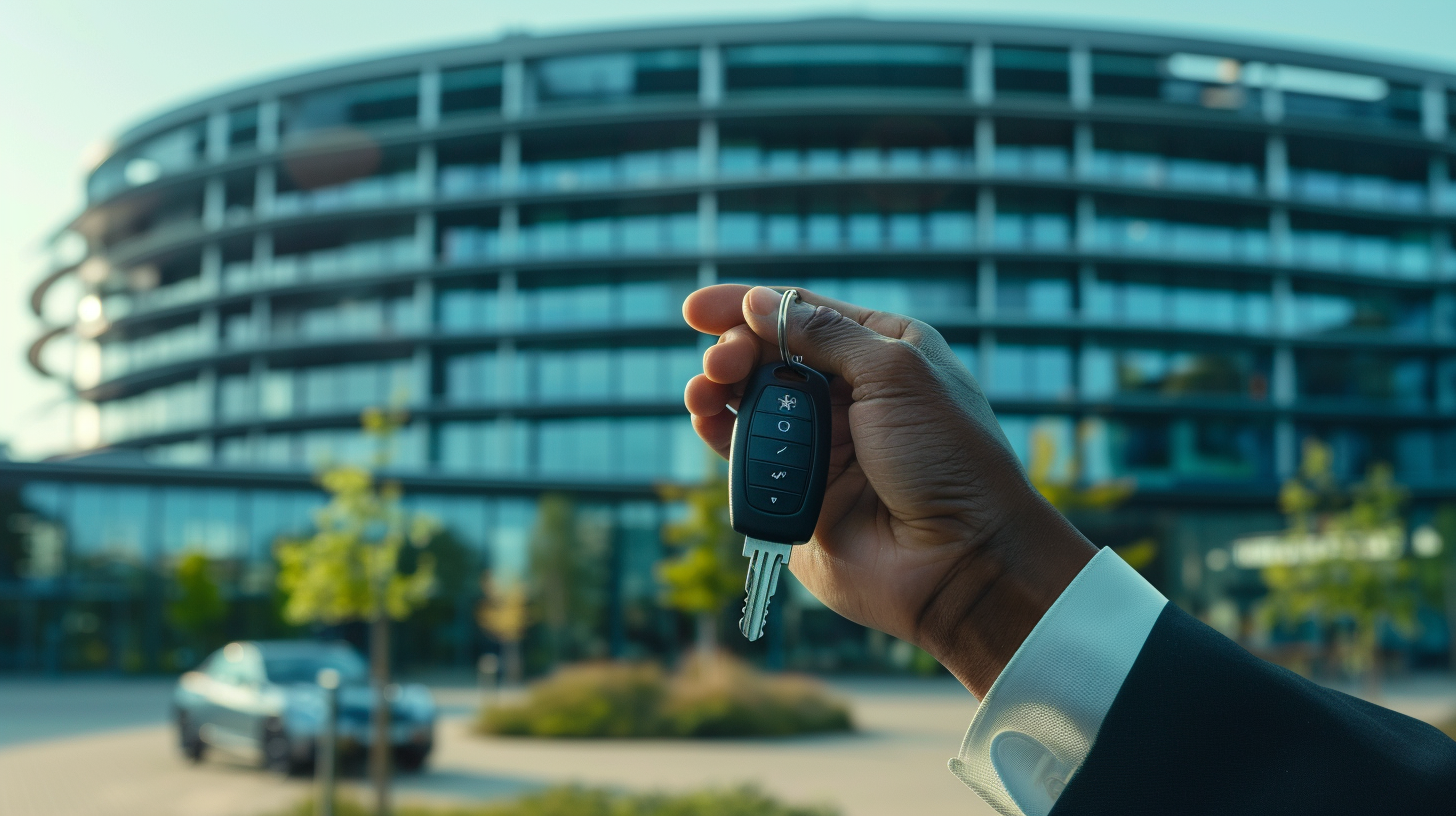 Nahaufnahme von Händen, die Nio-Autoschlüssel halten, im Hintergrund ein modernes Bürogebäude