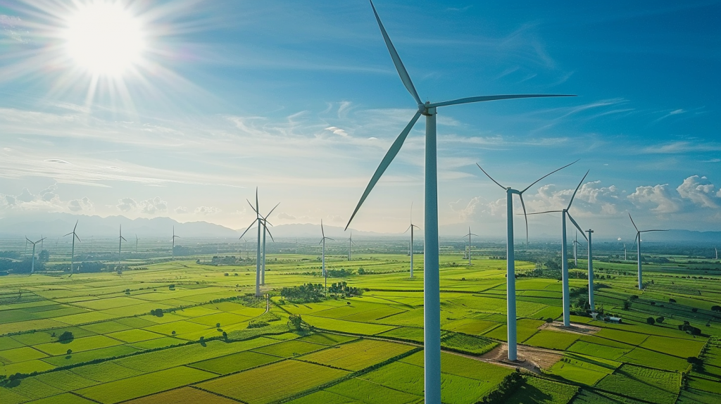 Luftaufnahme eines weitläufigen Windparks mit mehreren Nordex-Turbinen und grünen Feldern.