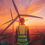 Ein Arbeiter in Warnweste steht an der Basis einer riesigen Nordex-Windturbine bei Sonnenuntergang.