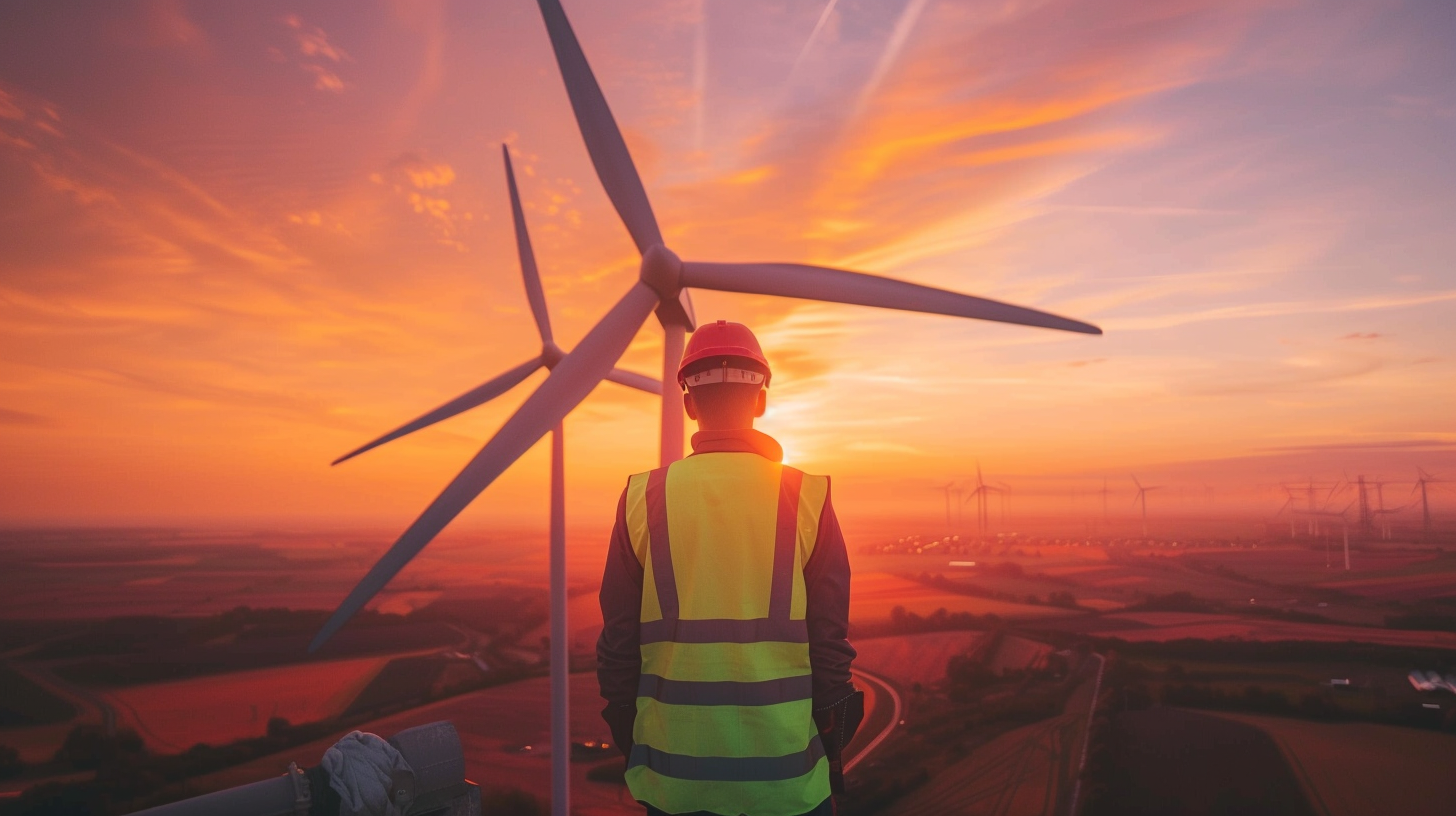 Ein Arbeiter in Warnweste steht an der Basis einer riesigen Nordex-Windturbine bei Sonnenuntergang.