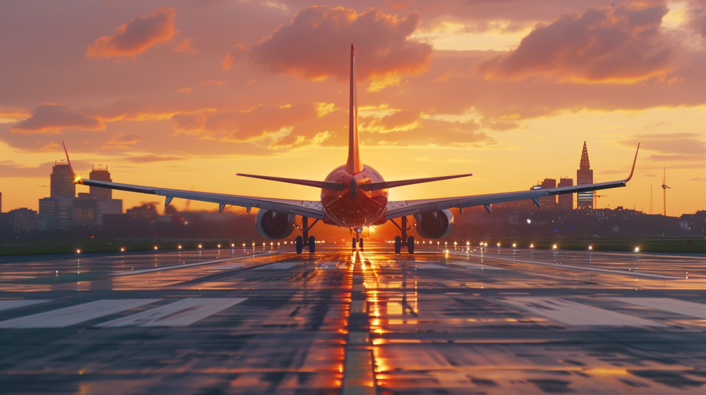  "Norwegian Air Shuttle-Flugzeug landet bei Sonnenuntergang auf einer Landebahn mit der Skyline der Stadt im Hintergrund"