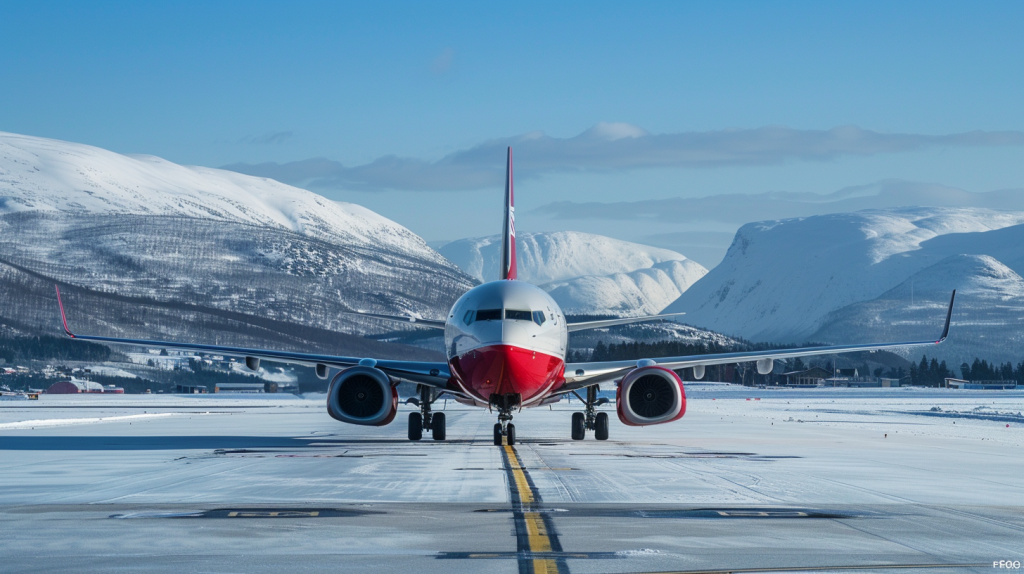 Norwegian Air Shuttle-Flugzeug rollt auf schneebedecktem Rollfeld mit Bergen im Hintergrund