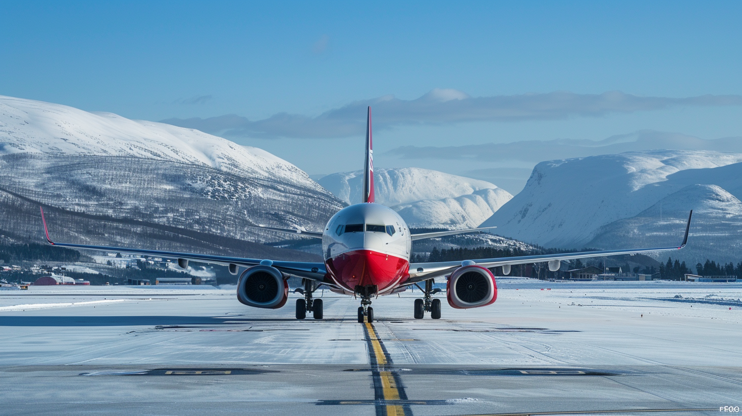 Norwegian Air Shuttle-Flugzeug rollt auf schneebedecktem Rollfeld mit Bergen im Hintergrund