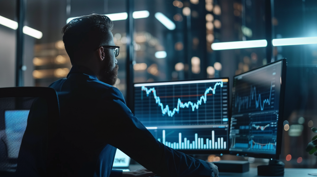 Ein Finanzanalyst im Büro überprüft ein Nvidia-Aktiendiagramm mit Aufwärtstrend