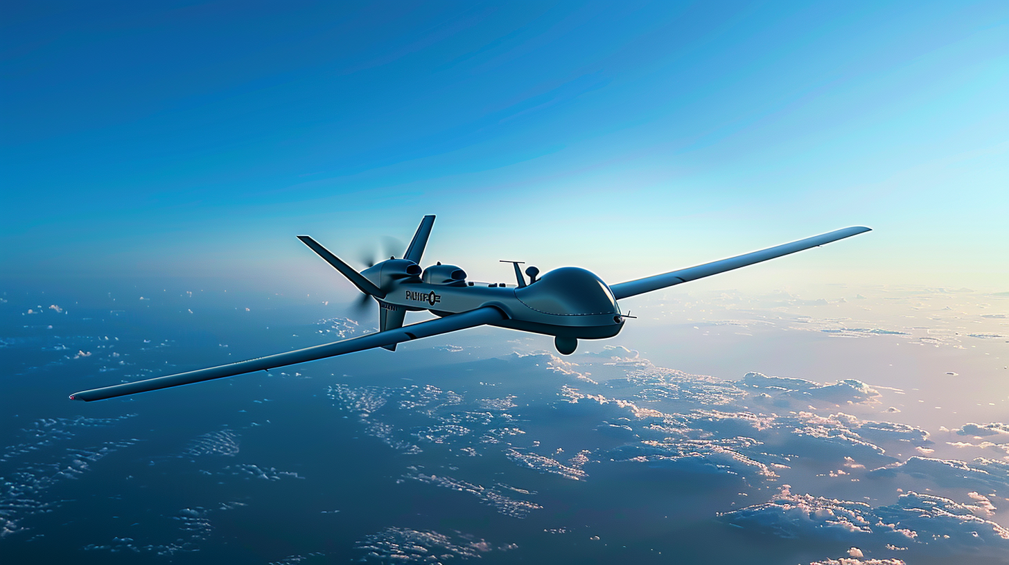 Eine Rheinmetall-Drohne am Himmel, ihr elegantes Design vor einem klaren blauen Horizont