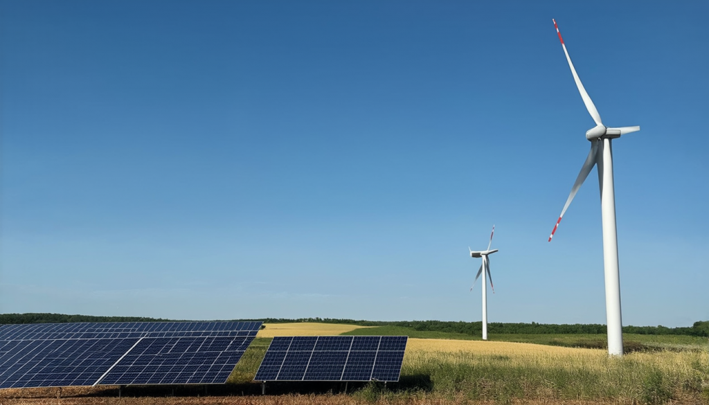 Windturbinen und Solarpaneele repräsentieren das Engagement von SFC Energy für erneuerbare Energien