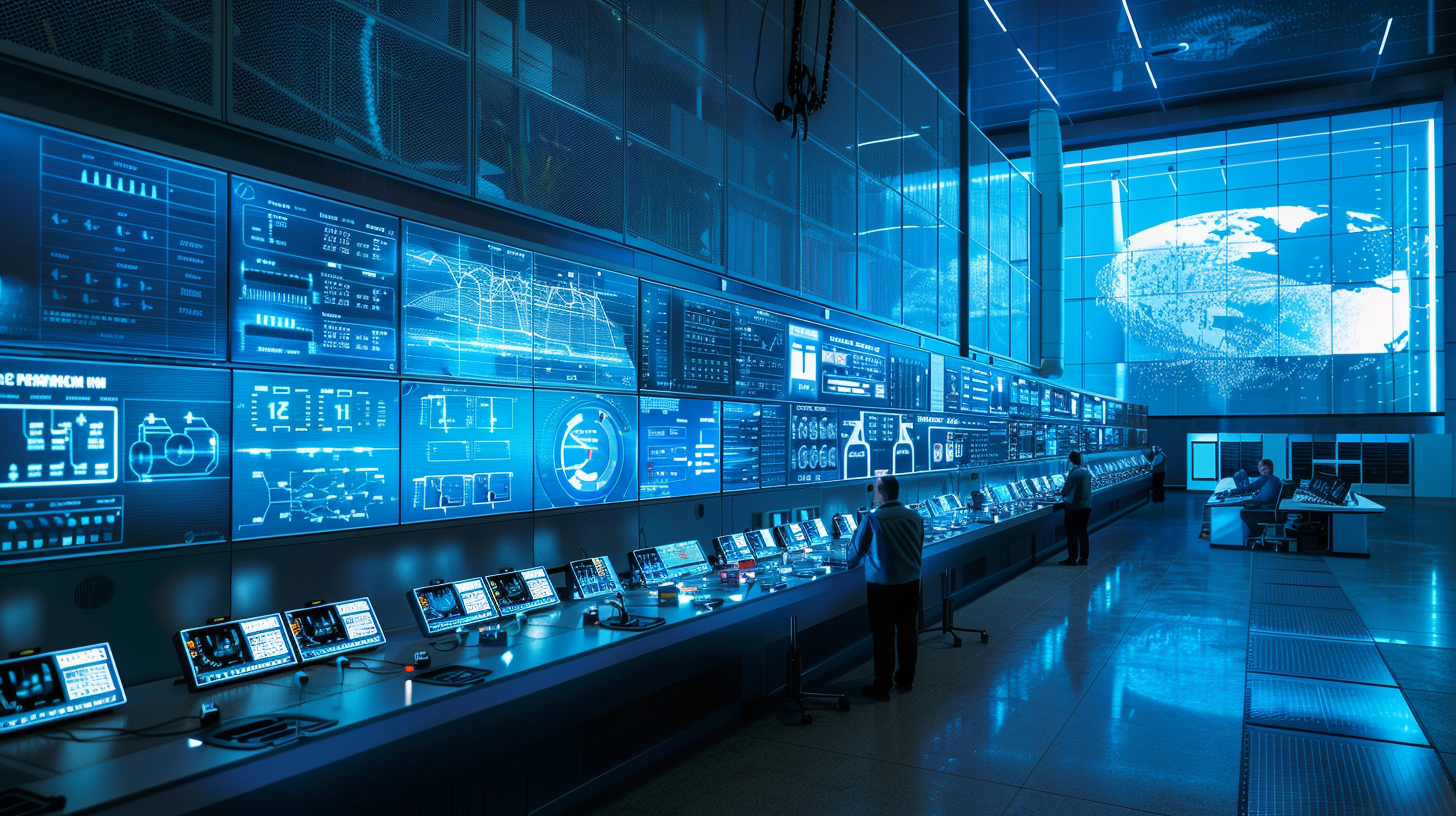Siemens-Elektriker in einem modernen Kontrollraum, der Daten auf digitalen Schnittstellen überwacht