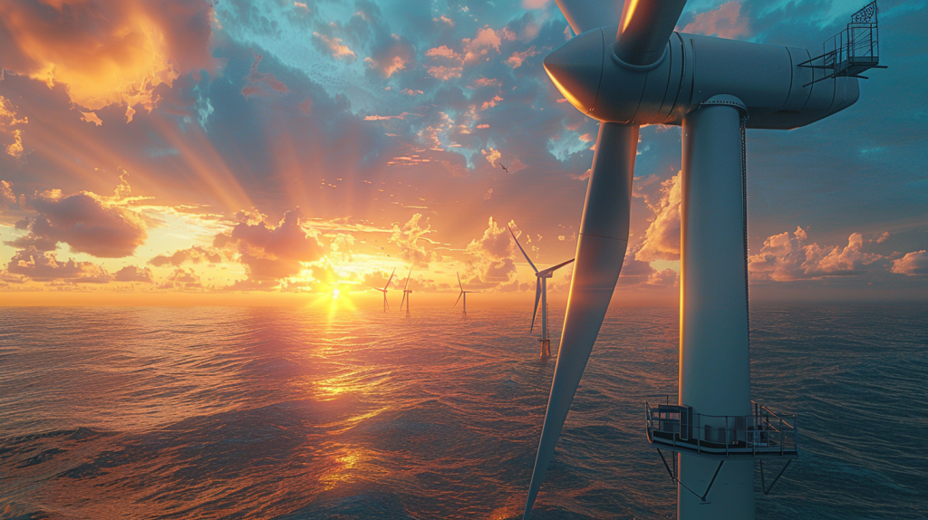 Nahaufnahme von Siemens-Energieturbinenblättern, die in einem Offshore-Windpark bei Sonnenuntergang installiert werden