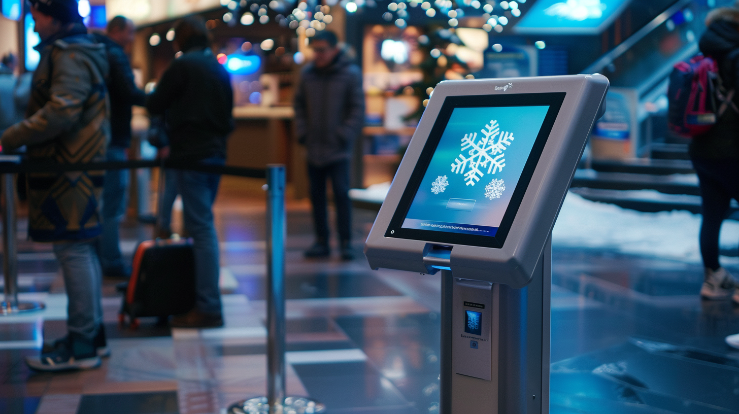 Ein Snowflake-Informationskiosk mit Touchscreen auf einer Messe, im Hintergrund Besucher