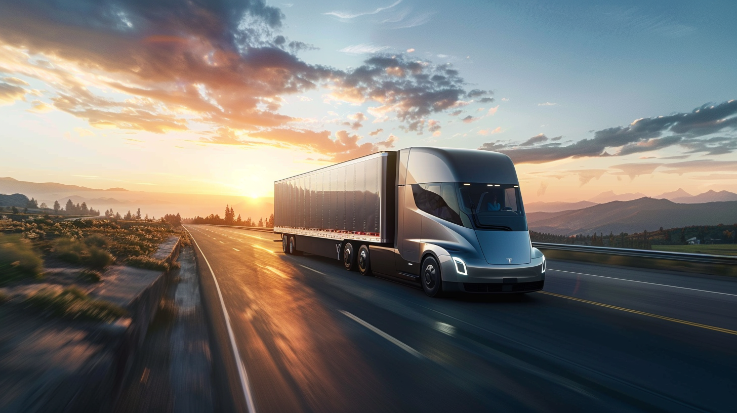 Ein TRATON-Lkw fährt bei Sonnenuntergang auf einer malerischen Autobahn