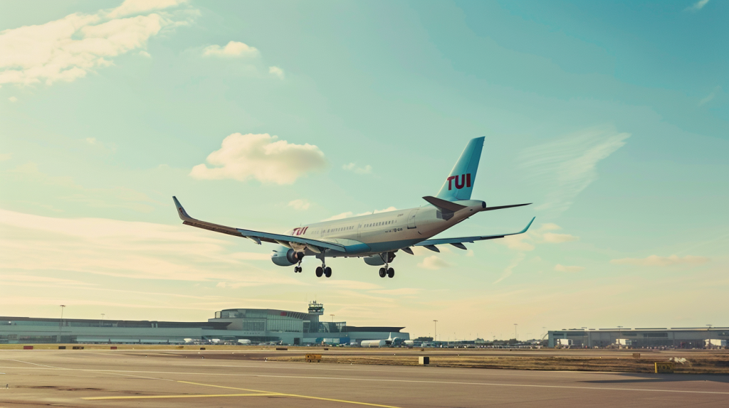 Ein TUI-Flugzeug, das vor einem klaren blauen Himmel abhebt